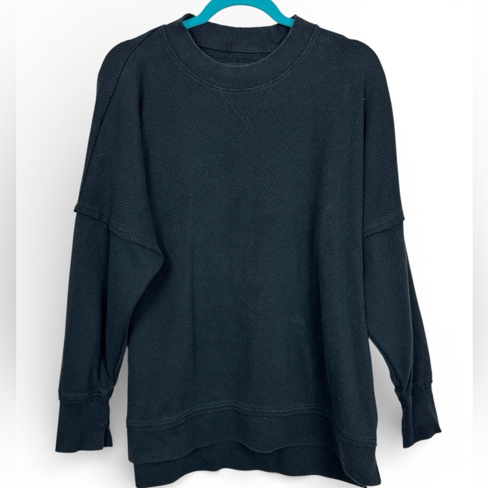 Aerie Black Waffle Knit Crew Neck Long Sleeve Oversized top M Slouchy